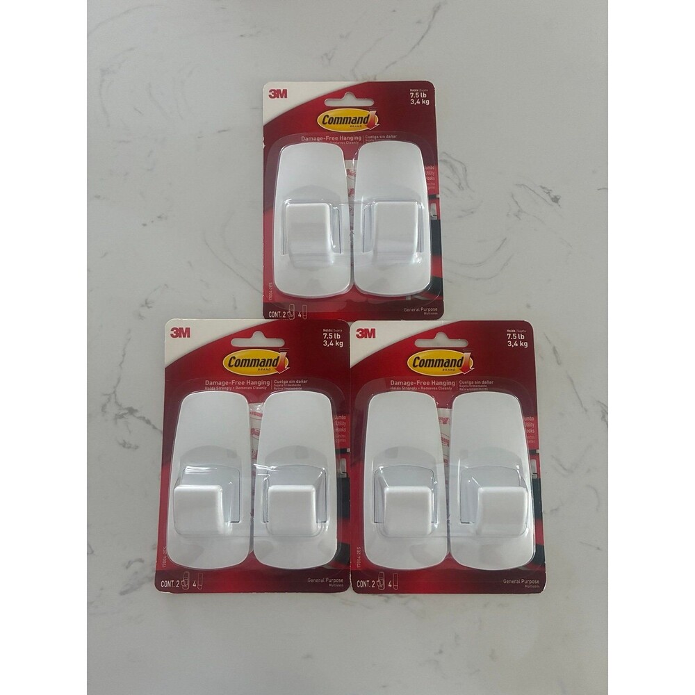 3M Command Jumbo Utility Hooks White 7.5 lb 3 Packs 6 Hooks New